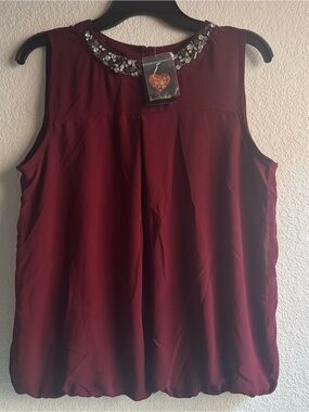 Sleeveless Blouse - Burgundy XL Sheer Neckline Jeweled XL Heart Soul